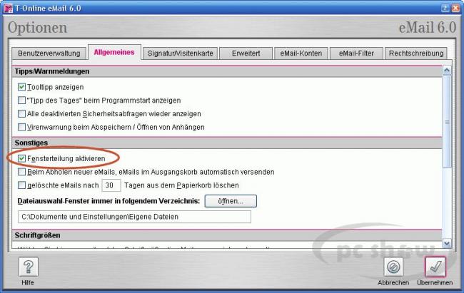 Fensterteilung in der T-Online-Software aktivieren